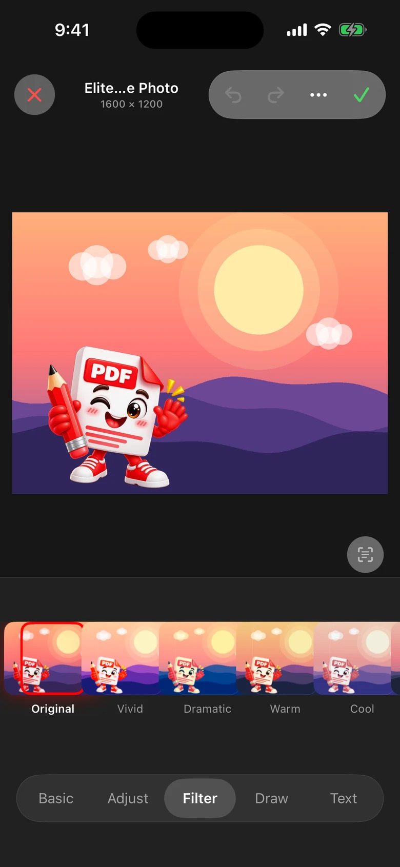 Image editor, Filter tab
